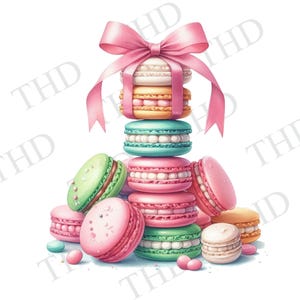 Peut inclure: Une pile de macarons colorés surmontés d'un nœud rose. Les macarons sont disposés en forme de pyramide, le plus grand macaron en bas et le plus petit en haut. Les macarons sont décorés de glaçage blanc et rose.