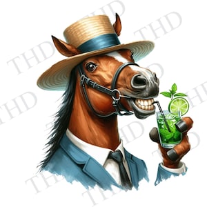 Pferd trinkt einen Mint Julep, Pferderennen JPG / PNG Herunterladbare Clipart für Sublimation / Transferpresse, Design für T-Shirts, Tassen, Hüte, Taschen