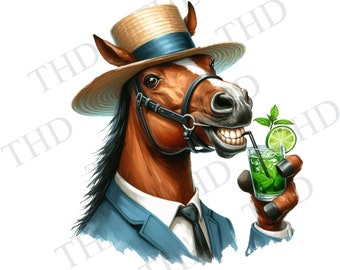 Horse Drinking A Mint Julep, Horse Racing JPG/PNG Downloadable Clipart For Sublimation/Heat Press, Design For T-Shirts, Mugs, Hats, Bags