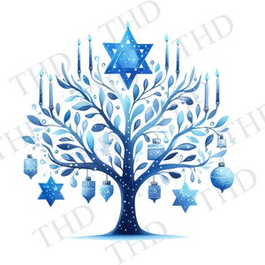 Gelukkige Chanoeka, blauwe menoraboom met davidster, PNG, clipart voor sublimatie/hittepers
