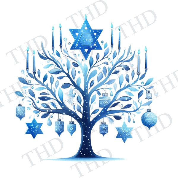 Happy Hanukkah, Blue Menorah Tree With Star of David, PNG, Clipart for Sublimation/Heat Press