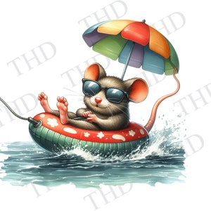 May include: A cartoon mouse wearing sunglasses is relaxing in a green and red inflatable ring with a colorful umbrella above. The mouse is floating in blue water with white foam.