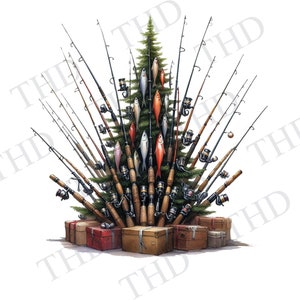 Albero di Natale con canna da pesca/Immagine scaricabile/PNG, Clipart per sublimazione/stampa a caldo