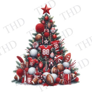 May include: A Christmas tree decorated with football-themed ornaments, including footballs, jerseys, and pom-poms. The tree is topped with a red star and has a red and white candy cane hanging from it.