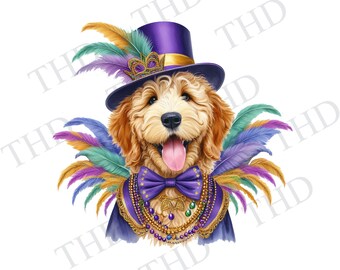 May include: A golden doodle dog wearing a purple and gold Mardi Gras costume. The dog is wearing a purple hat with gold trim and feathers, a purple bow tie, and a gold beaded necklace. The dog is smiling and has its tongue sticking out.