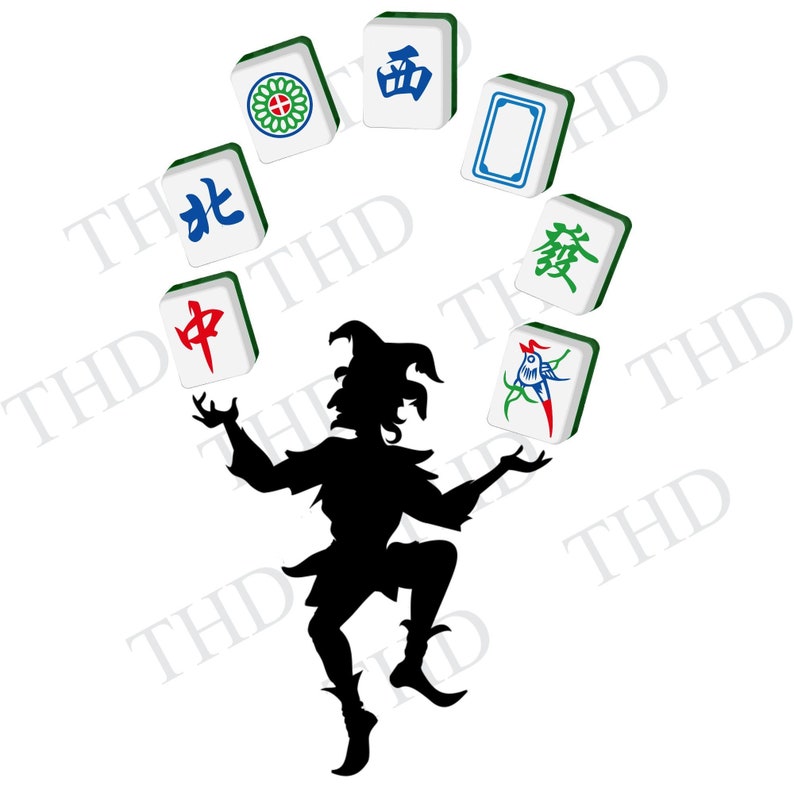 May include: A black silhouette of a jester juggling six white mahjong tiles with green, red, and blue Chinese characters. The tiles are in the air around the jester.