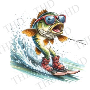 Bass Fisch Wasserski Herunterladbare Clipart, Lake House Decor JPG / PNG für Sublimation und Transferpresse, Design für T-Shirts, Hüte, Tassen, Taschen