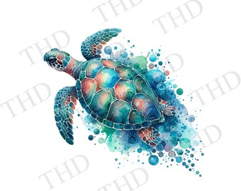 May include: A watercolor painting of a sea turtle swimming through a field of blue and green bubbles. The turtle's shell is a vibrant mix of blue, green, and orange.