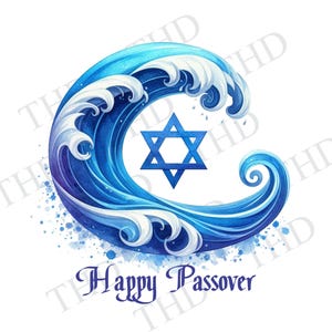 May include: A blue watercolor wave with a white foam crest and a six-pointed star in the center. The text "Happy Passover" is written below the wave.