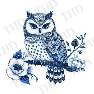 Blauwe en witte chinoiserieuil JPG/PNG voor sublimatie en hittepers