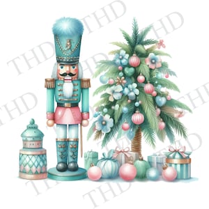 May include: A teal and pink nutcracker stands next to a decorated Christmas tree with teal, pink, and white ornaments. The tree is surrounded by wrapped gifts and more ornaments.
