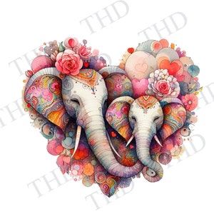 Puede incluir: Una pintura de acuarela de dos elefantes, una madre y su bebé, con coloridos patrones florales en sus cuerpos. Están de pie uno cerca del otro, con sus trompas entrelazadas, y están rodeados por un arreglo en forma de corazón de flores y corazones.