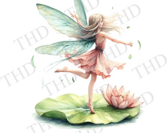 Nursery Print, Pink Fairy on a Lilypad PNG, Clipart for Sublimation/Heat Press