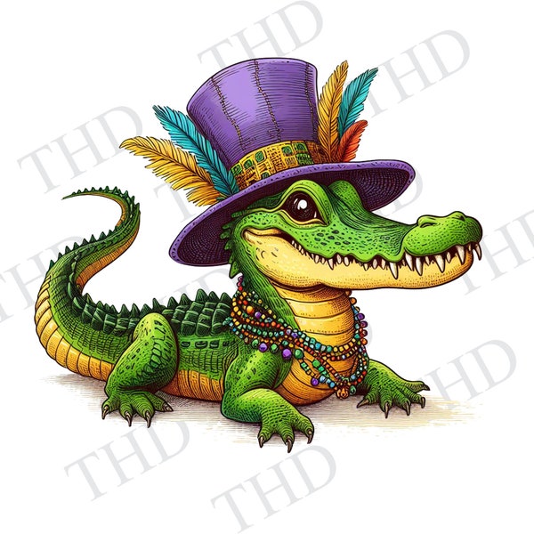 Mardi Gras Alligator, PNG, Clipart para sublimación/prensa de calor