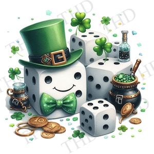 May include: A white dice with a smiling face wearing a green leprechaun hat and a green bow tie. The dice is surrounded by other white dice, a pot of gold, and shamrocks.