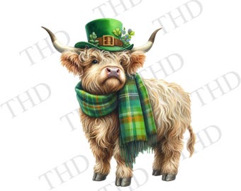 St. Patrick's Day Highland Cow Clipart: Irish Sublimation Design (PNG/JPG)