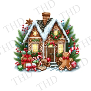 May include: A gingerbread house decorated for Christmas with red and white candy canes, a gingerbread person, and presents. The house has a brown roof with white snow and a red door.