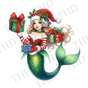 Noël avec une sirène, Noël côtier, image téléchargeable, JPG/PNG, pour sublimation/presse à chaud pour chapeaux, tasses, t-shirts, sacs
