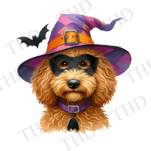Sorcière Goldendoodle, chien d'Halloween JPG/PNG, clipart pour sublimation/presse à chaud