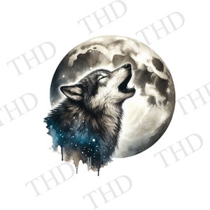 May include: A watercolor painting of a wolf howling at the moon. The wolf is gray and white, and the moon is a pale gray with a textured surface. The wolf's fur is detailed with a blue and purple galaxy pattern.