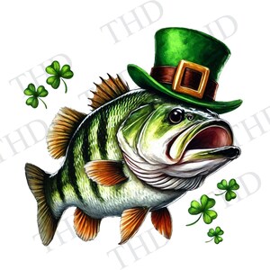 Bass Fischer St. Patrick's Day JPG / PNG herunterladbare Clipart, für Sublimation / Transferpresse, Designs für T-Shirts, Hüte, Taschen, Tassen