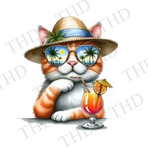 Illustration numérique téléchargeable de chat de vacances cool, Image JPG/PNG des cliparts pour la sublimation/presse à chaud pour les t-shirts, tasses, sacs, casquettes