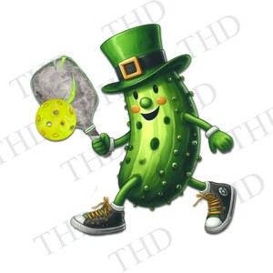May include: A green pickle wearing a green hat with a gold buckle and black shoes is playing pickleball. The pickle is holding a paddle and a yellow pickleball.