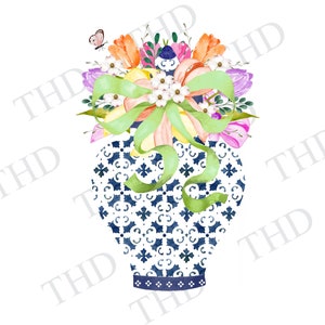 Lentebloemen Chinoiserie blauwe en witte gemberpot png/clipart