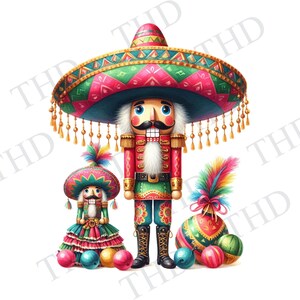 Könnte beinhalten: Zwei farbenfrohe Nussknacker-Figuren, die traditionelle mexikanische Sombreros tragen. Der größere Nussknacker hält einen Zuckerstock und der kleinere Nussknacker hält eine kleine rote Kugel. Beide Nussknacker stehen auf einem weißen Hintergrund.