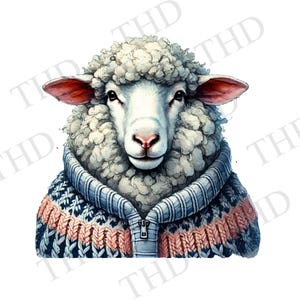 Schaf in einem Wollpullover JPG / PNG herunterladbare Clipart, Bilddesign für T-Shirts, Tassen, Hüte, Tragetaschen, Karten