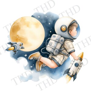 Nursery Print, Boy Flying to the Moon PNG, Clipart for Sublimation/Heat Press