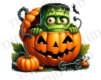 Clipart Frankenstein-pompoen: Halloween-sublimatieafbeelding (JPG/PNG)