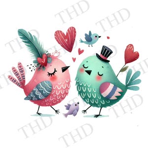 Pássaros do amor retrô de São Valentim, clipart JPG/PNG para download para sublimação/prensa térmica, design para chapéus, xícaras, camisetas, bolsas