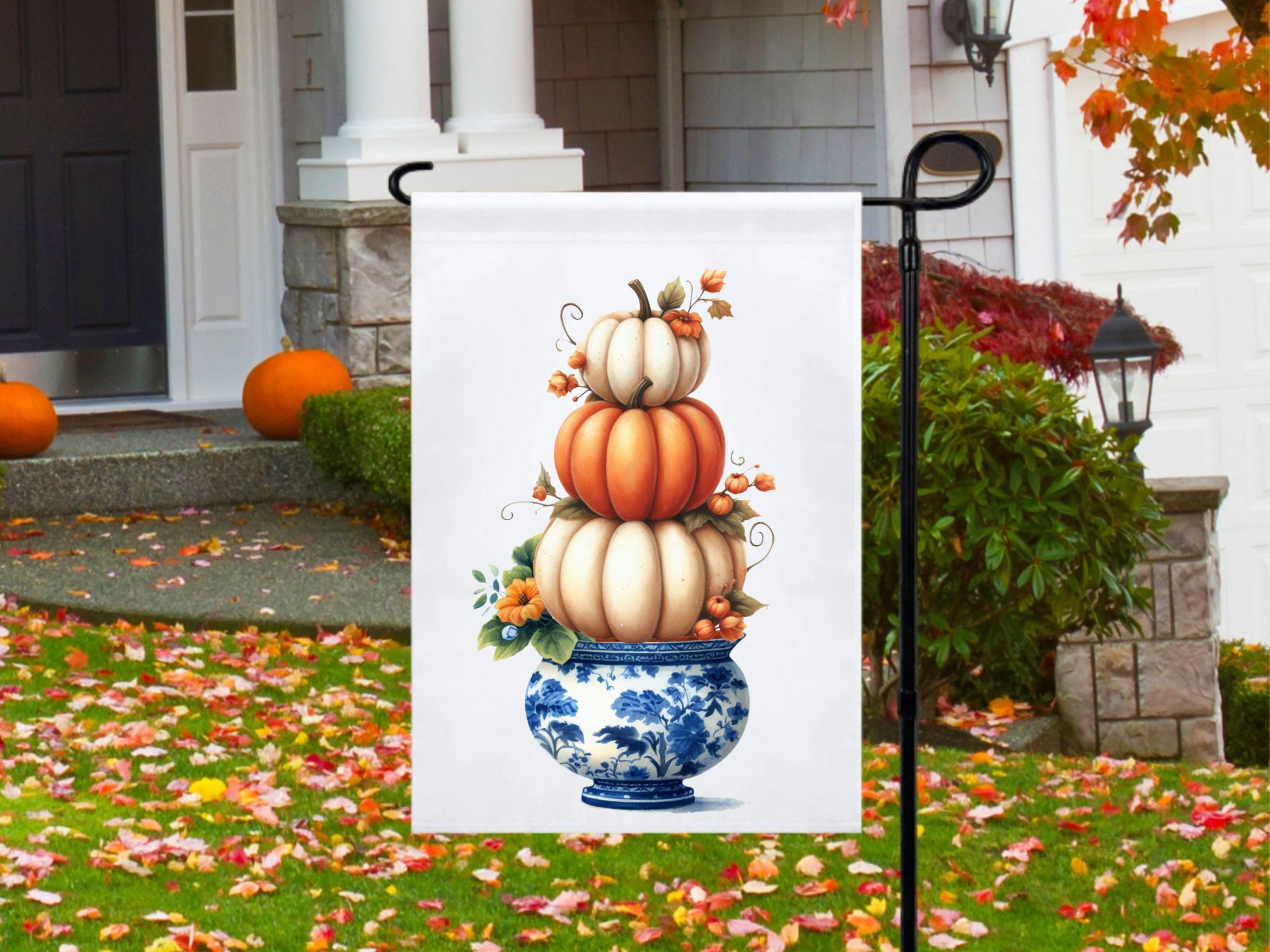 Dyrenson Herbst-Gartenflagge – Kürbis Design Blau-weiß, Doppelseitig, Sackleinen, 30,5 X 45,7 Cm