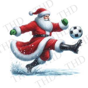 Père Noël jouant au football, joyeuses fêtes, JPG/PNG Clipart téléchargeable pour sublimation/presse à chaud, conception de t-shirts, tasses, chapeaux, sacs