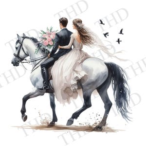 Sposa e sposo a cavallo, grafica per matrimonio, design JPG/PNG "Just Married" per stampa a sublimazione/a caldo per magliette, cappellini, tazze, cancelleria