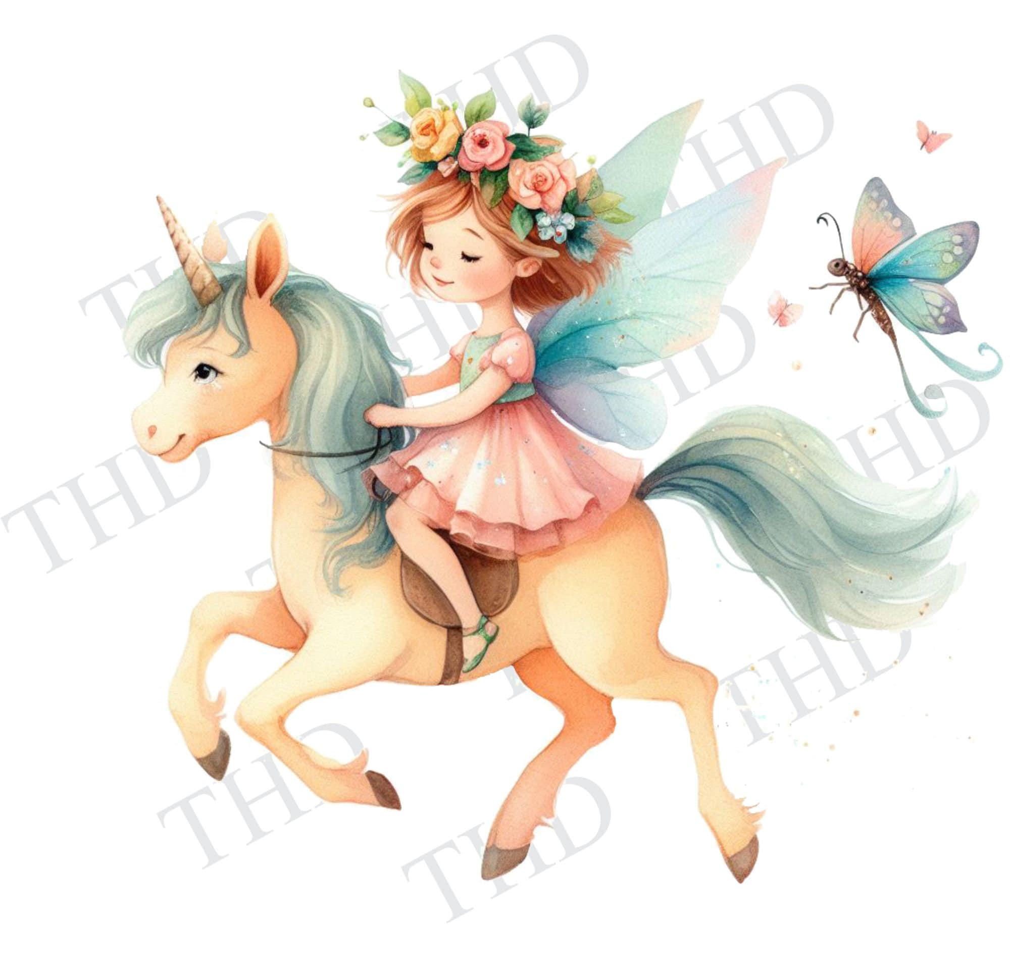Nursery Print, Fairy Riding a Unicorn PNG, Clipart for Sublimation/heat ...