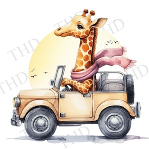 Animaux de la jungle girafe conduisant une voiture PNG, Clipart bébé animaux de la jungle pour sublimation/presse à chaud