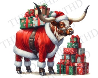 Puede incluir: Ilustración festiva de un toro longhorn vestido de Papá Noel, con un traje rojo con ribetes blancos y un gorro de Papá Noel. El toro lleva regalos envueltos en la espalda y está junto a una pila de regalos, todo con temática navideña.