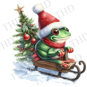 Grenouille de Noël en traîneau PNG, Clipart pour sublimation/presse à chaleur