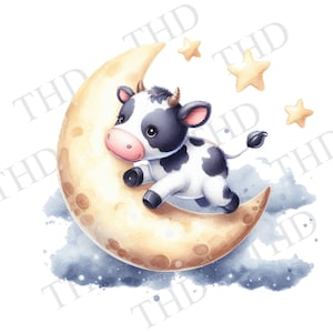 Animal de chambre d'enfant, vache sur la lune PNG, clipart bébé animaux de la jungle pour sublimation/presse à chaud