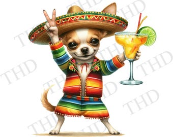Puede incluir: Un chihuahua con un sombrero colorido y una camisa a rayas sostiene un vaso de margarita con una rodaja de lima. El perro está haciendo el signo de la paz con su pata.