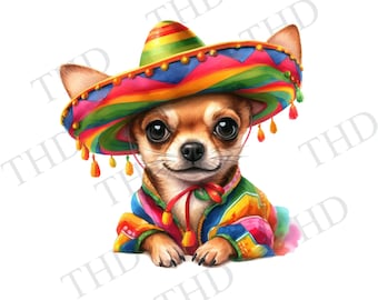 Puede incluir: Un chihuahua con un sombrero de colores y una chaqueta a juego con estampado. El perro mira directamente a la cámara con una expresión feliz.