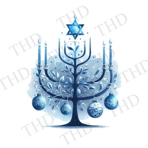 Joyeux Hanoukka, Menorah bleue, PNG, Clipart pour sublimation/presse à chaleur