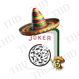 May include: A white playing card with a green border and the word "JOKER" printed in red. The card features a black and white illustration of a circular design. A cartoon avocado wearing a sombrero and sunglasses is holding a margarita glass.