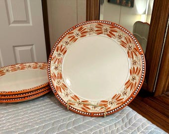 Set of 4 Old World Spice Basketweave 10" Dinner Plates Hand-Painted Orange New Vintage