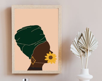 May include: A digital art print featuring a woman with a green headscarf and a sunflower covering her mouth. The background is a peach colour.