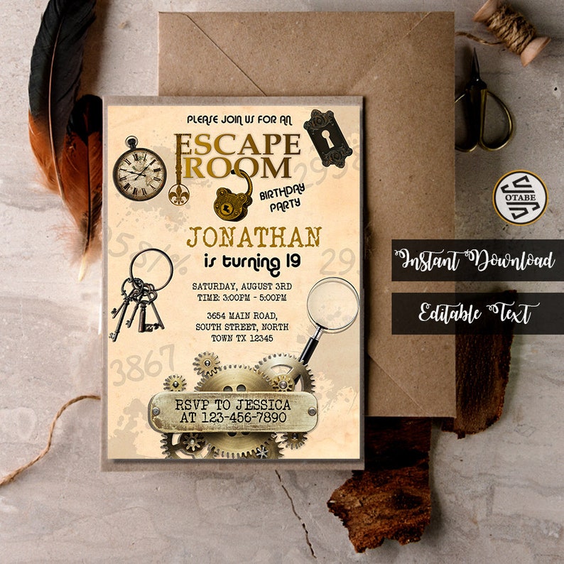 Escape Room Digital Printable Party Invitation Mystery