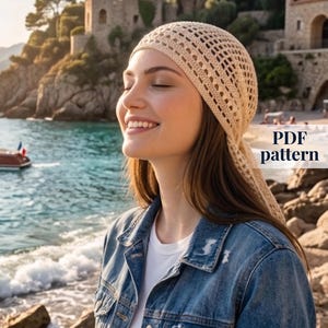PDF Pattern Eastern Style Crochet Hair Bandana, Handmade Cotton Summer Head Scarf, Boho Festival Kerchief with Ties