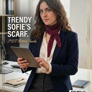 May include: A woman wearing a burgundy scarf, a white shirt, and a navy blazer, holding a tablet. The image has text that reads "TRENDY SOFIE'S SCARF. PDF Pattern Inside." and "ISSUE 10 | FALL 2024."